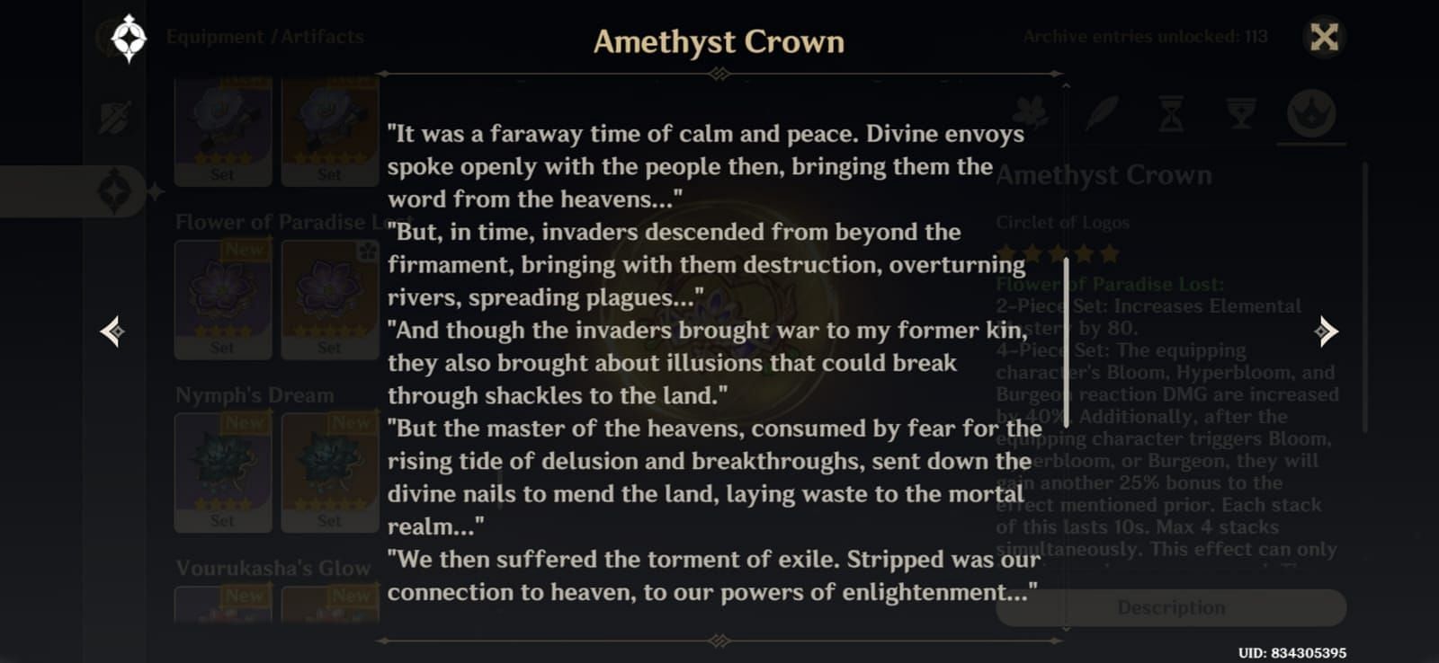 Primordial One, as the master of the heavens in the Flowers of Paradise Lost artifact set (Image via HoYoverse)